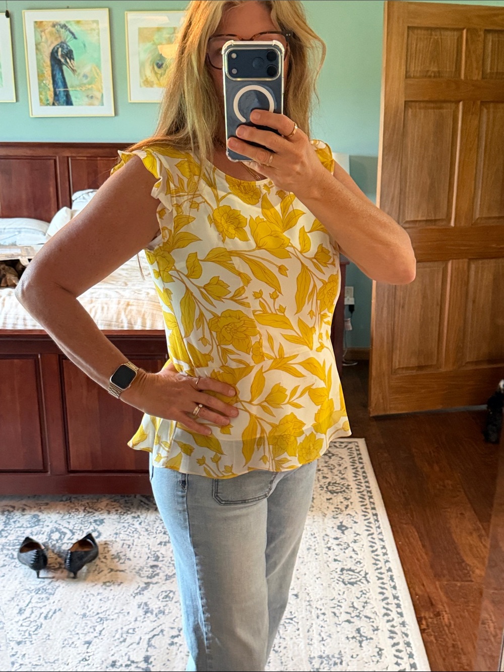 CAbi Yellow and White Floral Ruffle Sleeve Camisole